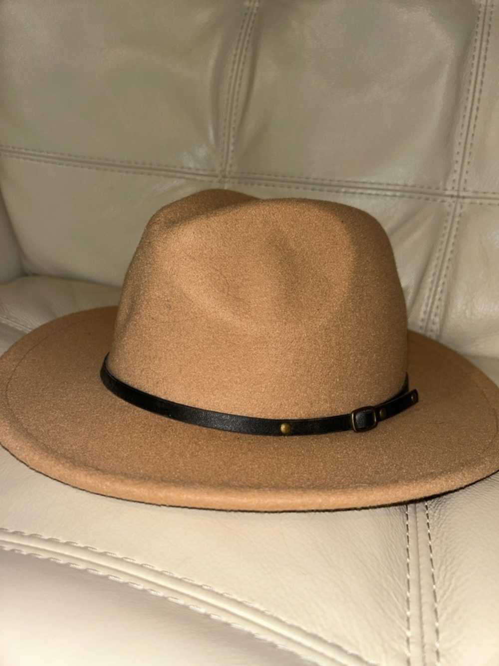 Classic Camel Wool Fedora with Brown Leather Band